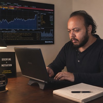 Indrajeet Upadhyay working at his trading desk